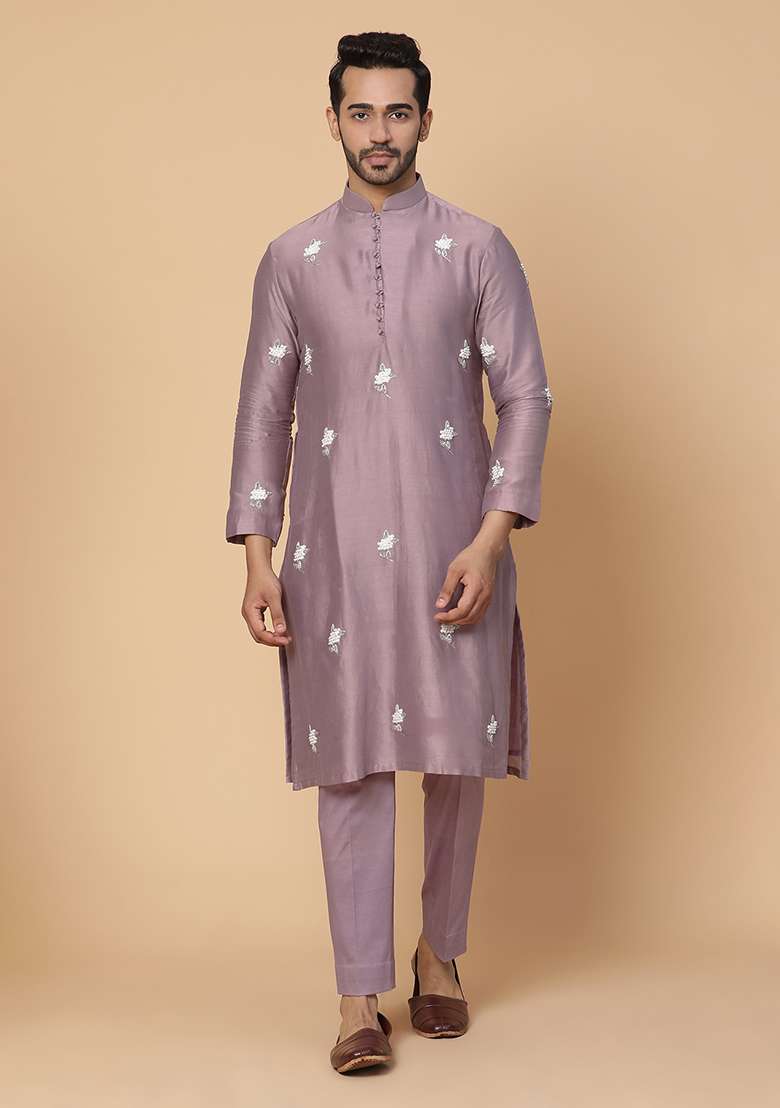 Purple Pearl Embroidered Chanderi Silk Blend Kurta Set - Indya