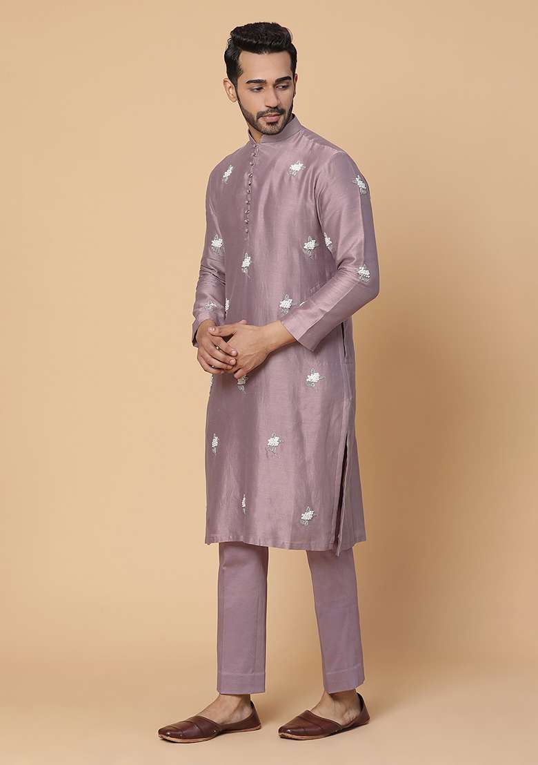 Purple Pearl Embroidered Chanderi Silk Blend Kurta Set - Indya