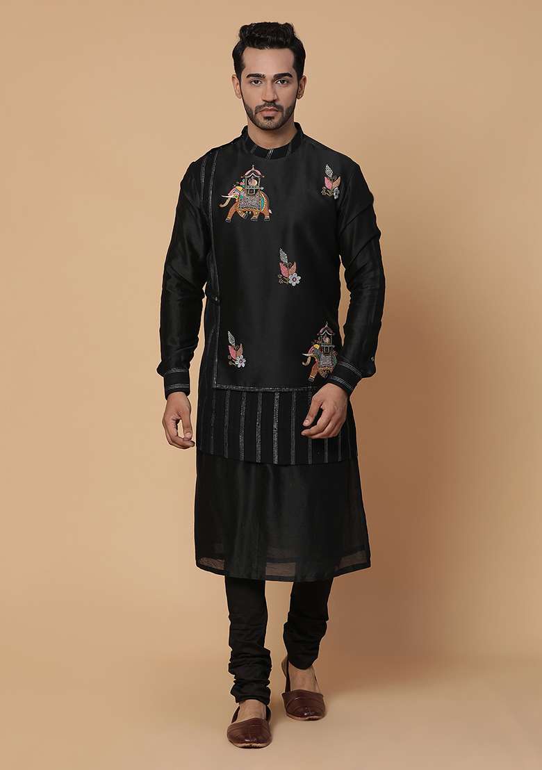 Black Zardozi Embroidered Airavat Kurta Set - Indya