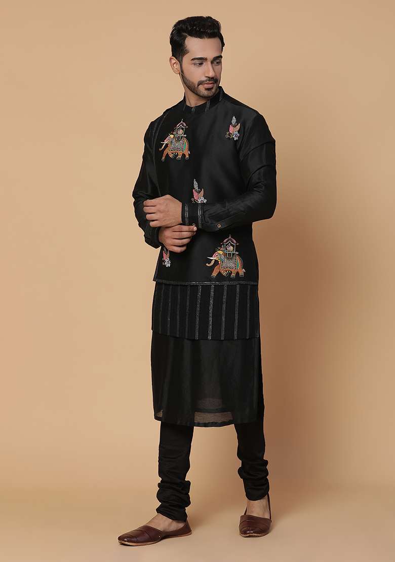Black Zardozi Embroidered Airavat Kurta Set - Indya