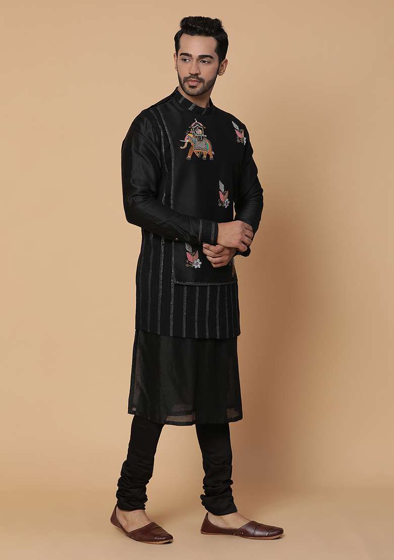 Black Zardozi Embroidered Airavat Kurta Set - Indya