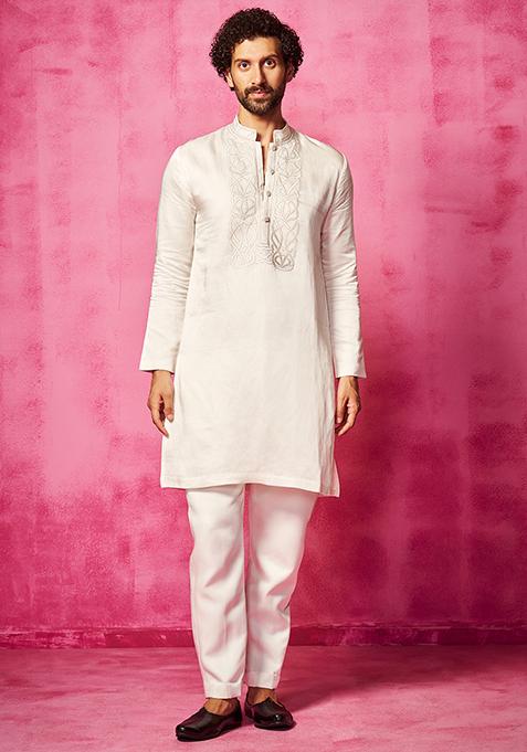 Ivory Embroidered Kurta With Matching Narrow Pants For Men