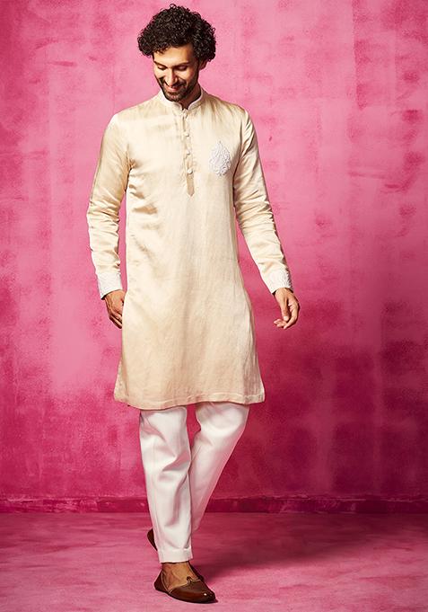 Beige Embroidered Kurta Set For Men