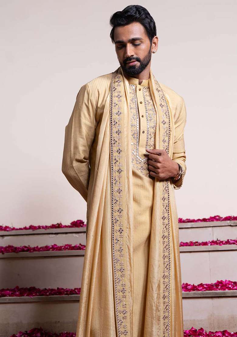 Golden Darpan Mirror Work Kurta And Stole For Men - Indya