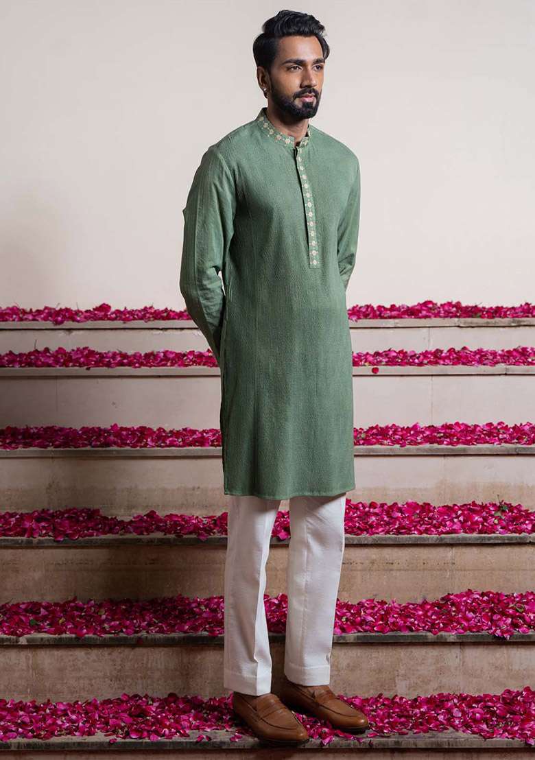 Green Elegant Pintuck Kurta And Stole For Men - Indya