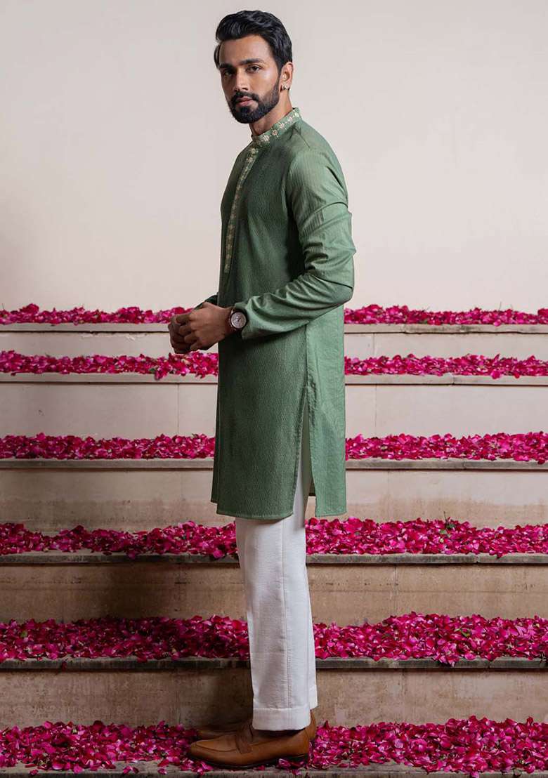 Green Elegant Pintuck Kurta And Stole For Men - Indya