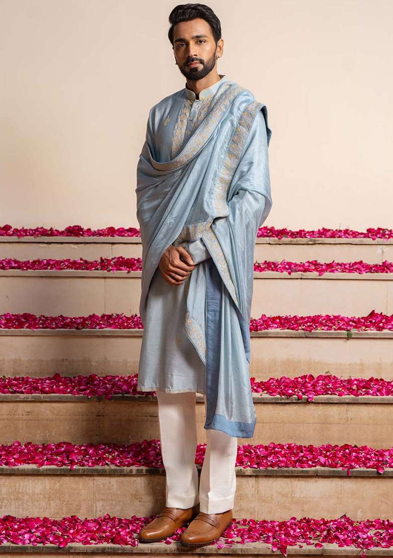 Blue Azure Kurta And Stole For Men - Indya