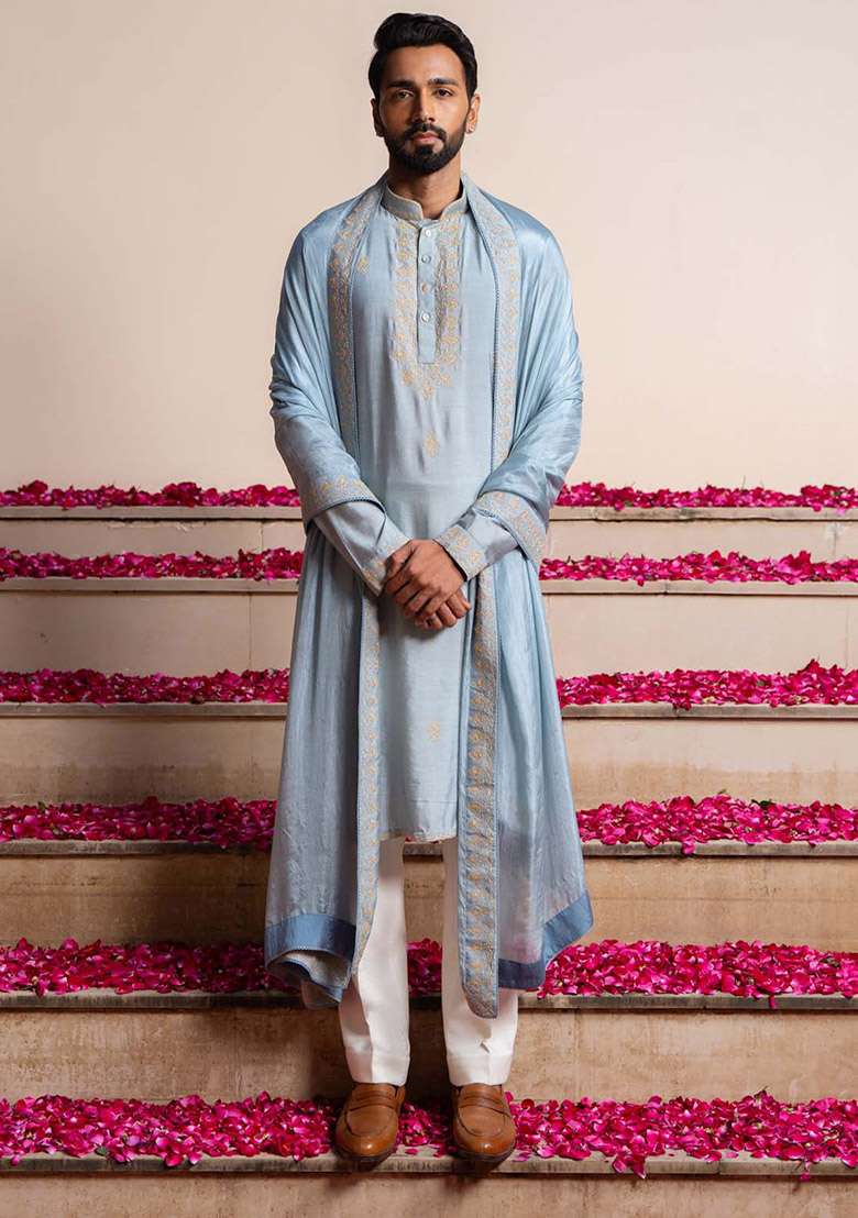 Blue Azure Kurta And Stole For Men - Indya