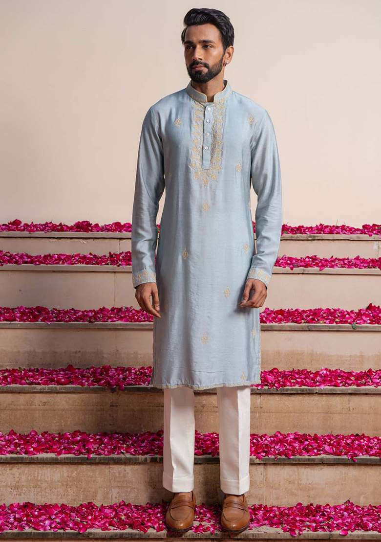 Blue Azure Kurta And Stole For Men - Indya