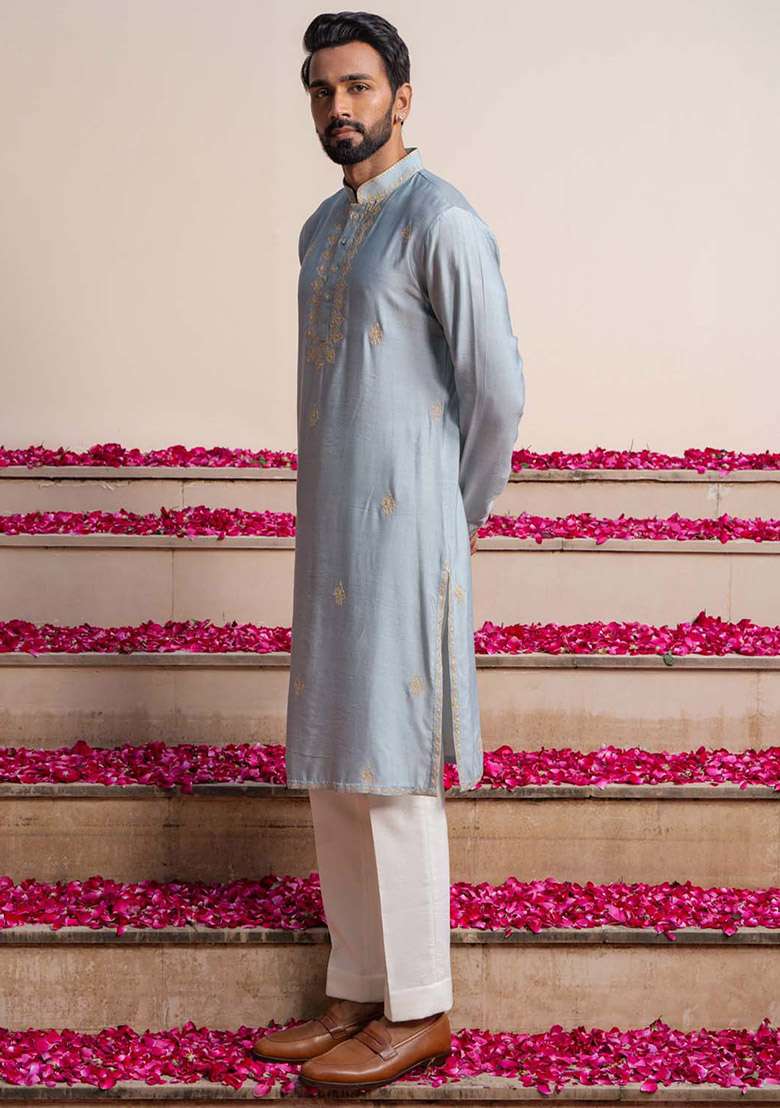 Blue Azure Kurta And Stole For Men - Indya