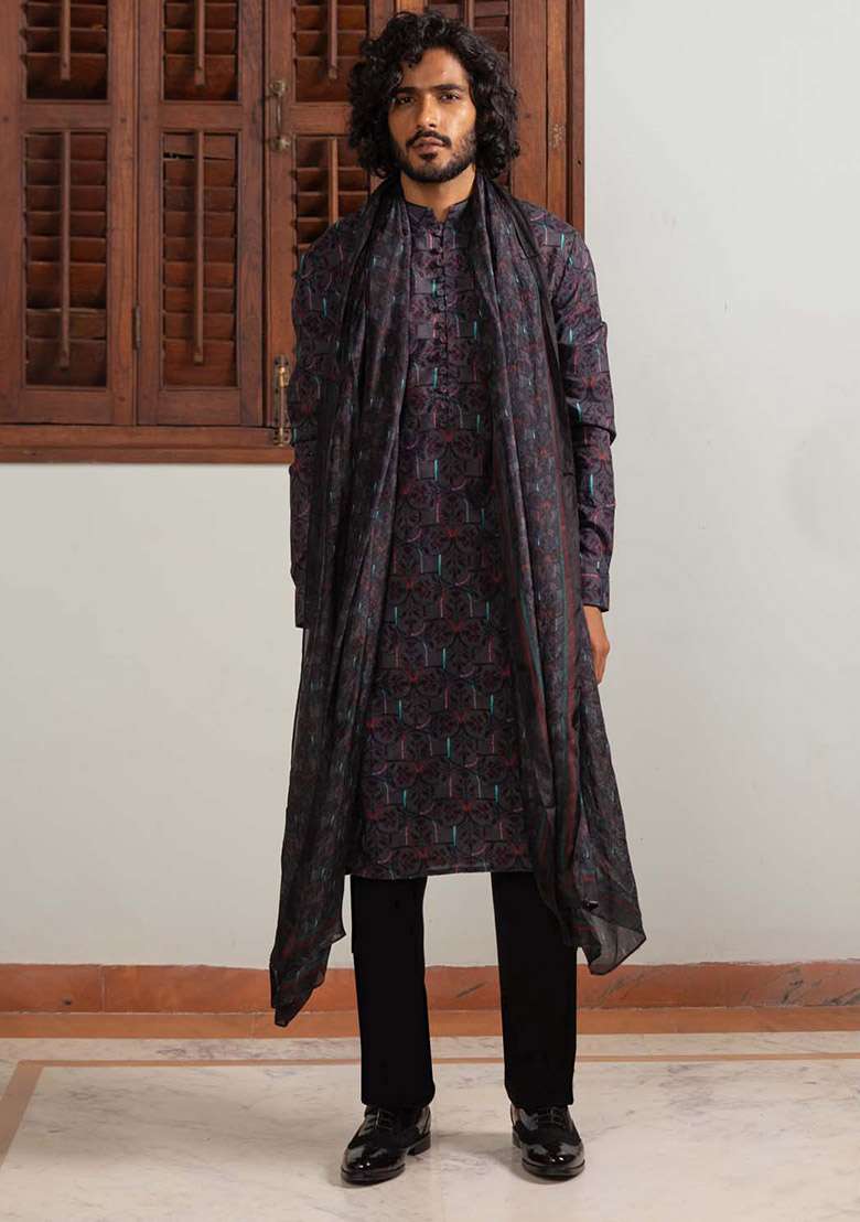 Black Sable Mosaic Digital Print Kurta And Stole For Men - Indya