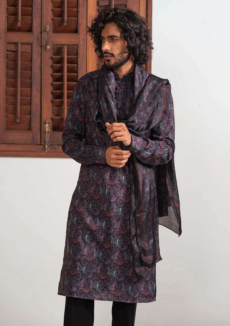 Black Sable Mosaic Digital Print Kurta And Stole For Men - Indya