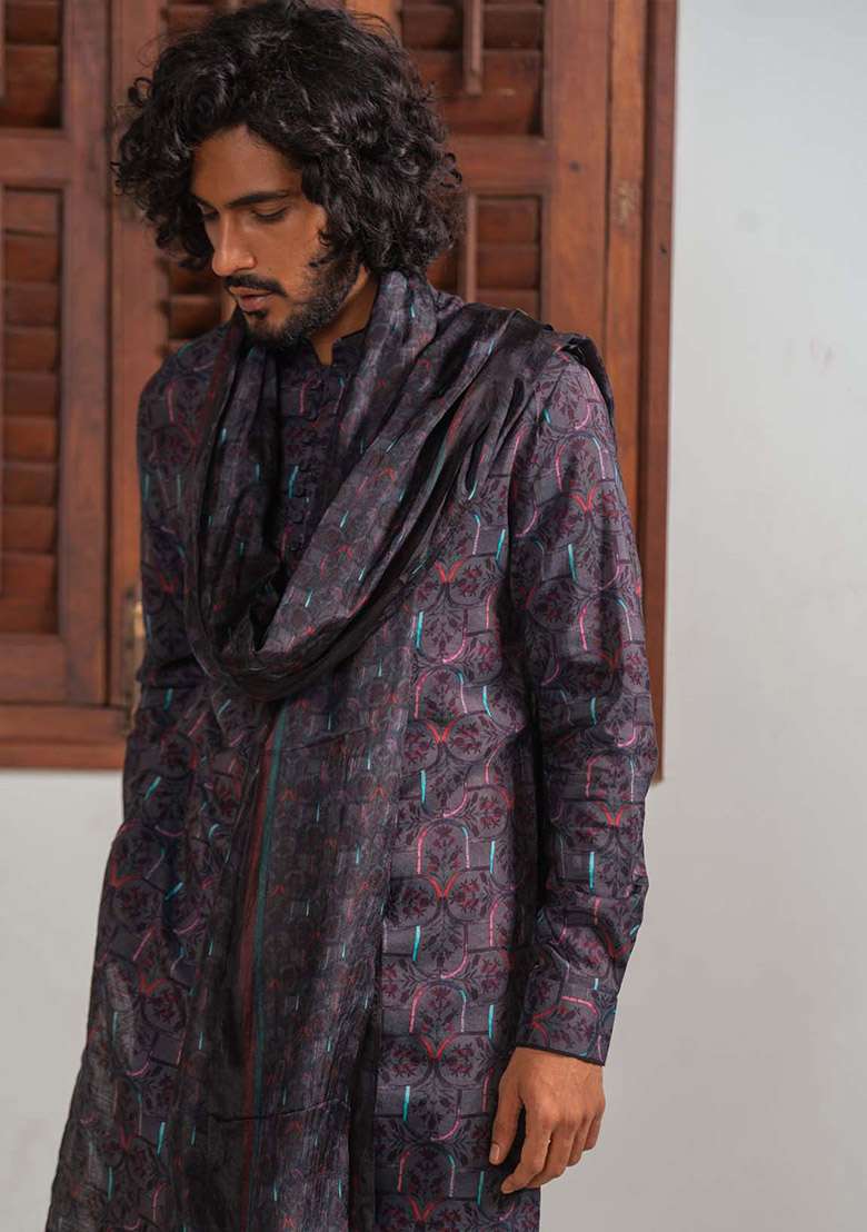 Black Sable Mosaic Digital Print Kurta And Stole For Men - Indya