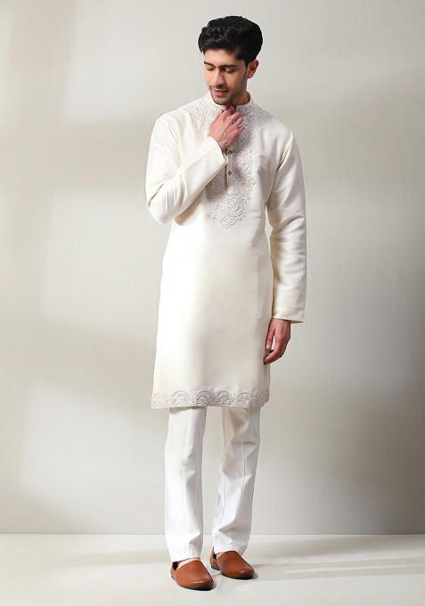 Ivory Embroidered Work Kurta Set For Men