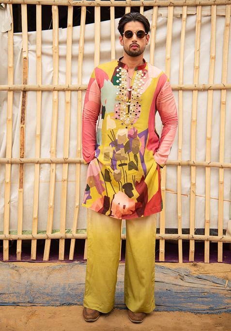 Yellow And Multicolour Mirror Work Kurta Palazzo Set For Men