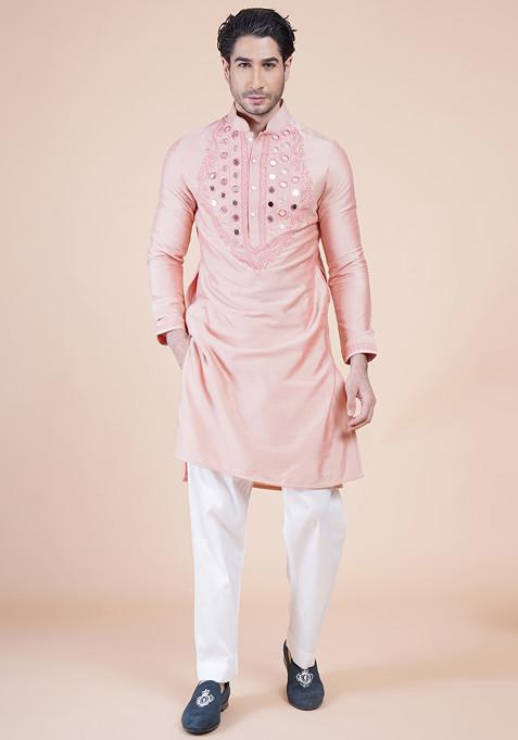 Pink Mirror Work Embroidered Kurta Set For Men