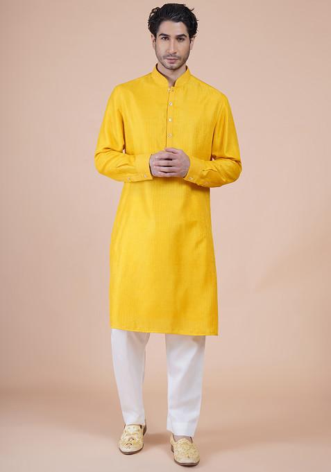 Yellow Embroidered Cotton Silk Kurta Set For Men