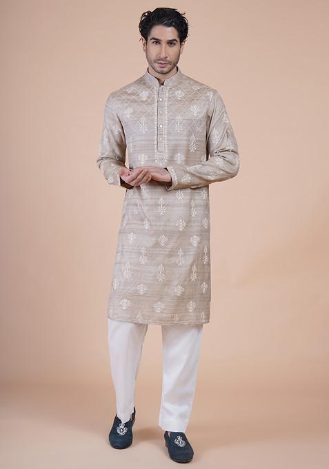 Beige Ari Embroidered Kurta Set For Men