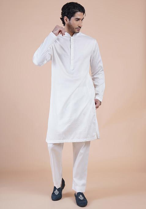 White Self Embroidered Cotton Silk Kurta Set For Men