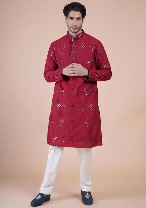 Maroon Machine Embroidered Kurta Set For Men