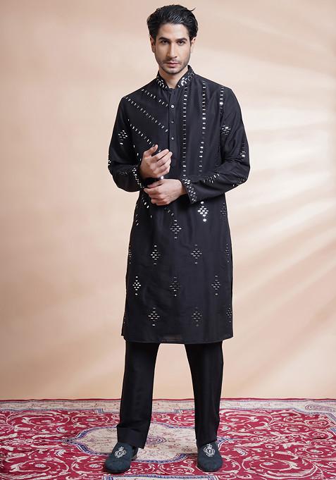 Black Machine Embroidered Kurta Set For Men