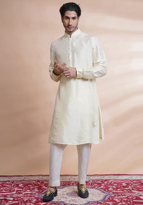 Off White Embroidered Kurta Set For Men