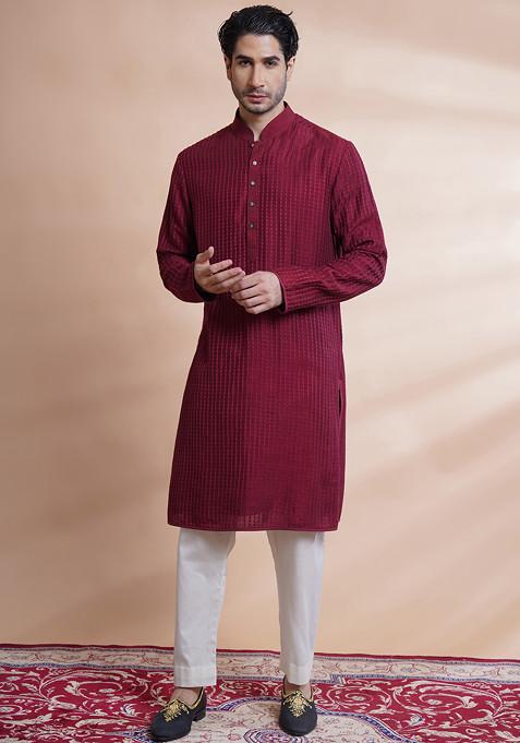 Maroon Embroidered Cotton Silk Kurta Set For Men