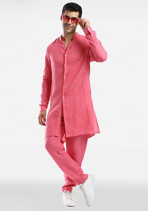 Pink Linen Kurta Set For Men
