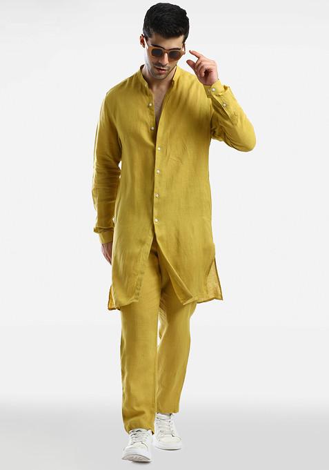 Mustard Yellow Linen Kurta Set For Men