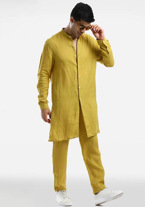 Mustard - Yellow Plain Dyed Slub Silk Men Long Kurta