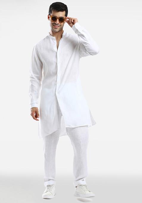 White Linen Kurta Set For Men