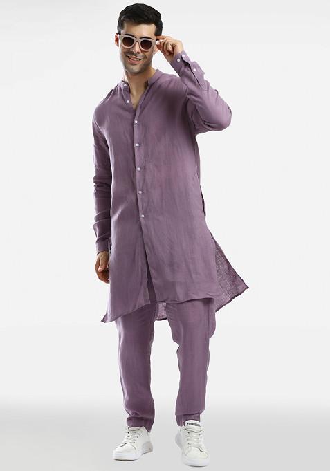Purple Linen Kurta Set For Men
