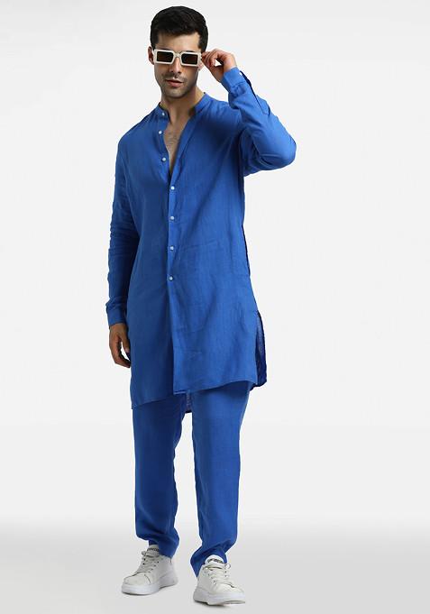 Royal Blue Linen Kurta Set For Men