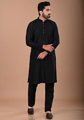 Black Pintex Embroidered Kurta Set For Men