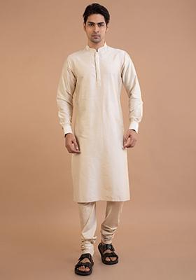 Beige Embroidered Cotton Silk Kurta Set For Men