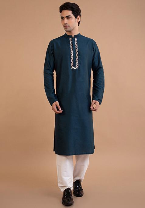 Blue Zari Embroidered Cotton Silk Kurta Set For Men