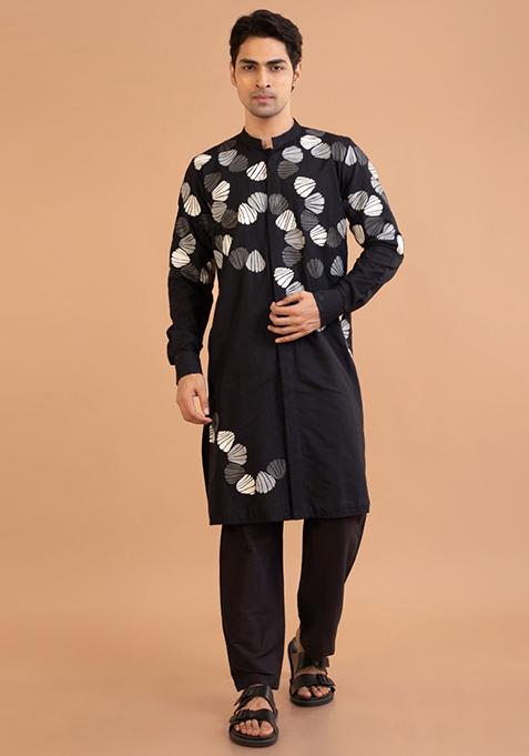 Black Embroidered Work Cotton Silk Kurta Set For Men