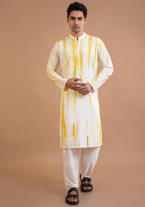 Yellow Tie And Dye Cotton Silk Kurta Set For Men