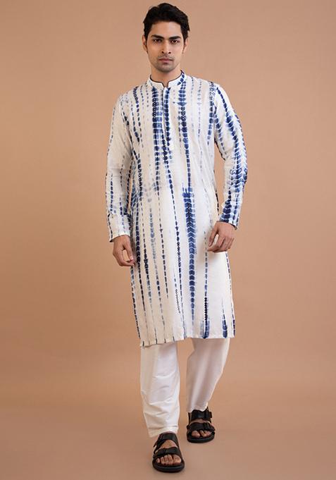 Blue Tie And Dye Cotton Silk Kurta Set For Men