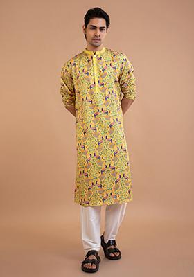 Yellow Peacock Print Linen Satin Kurta Set For Men
