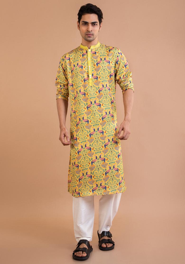 Yellow Peacock Print Linen Satin Kurta Set For Men