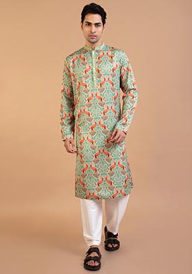 Pista Green Peacock Print Linen Satin Kurta Set For Men