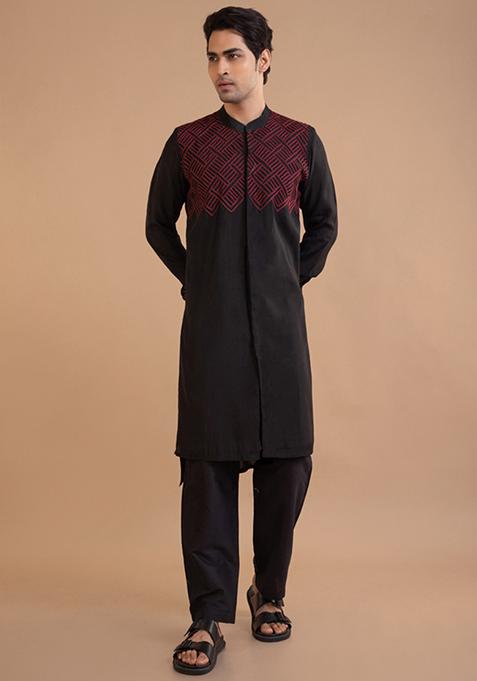 Black Thread Embroidered Roman Silk Kurta Set For Men