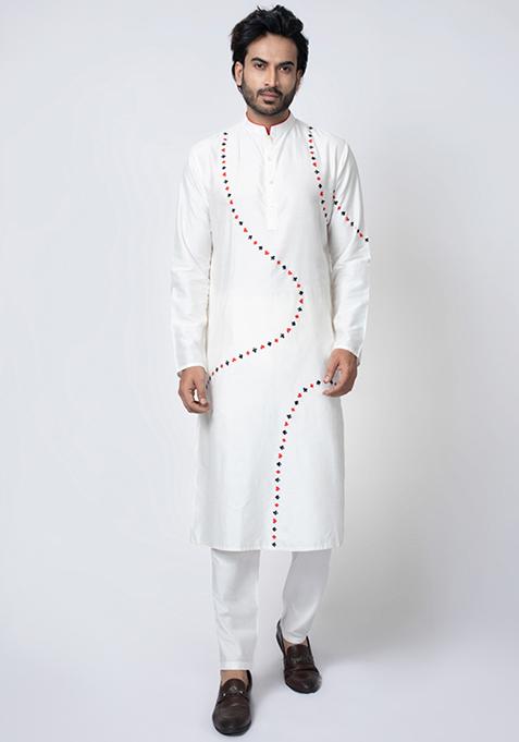 Off White Embroidered Cotton Silk Kurta Set For Men