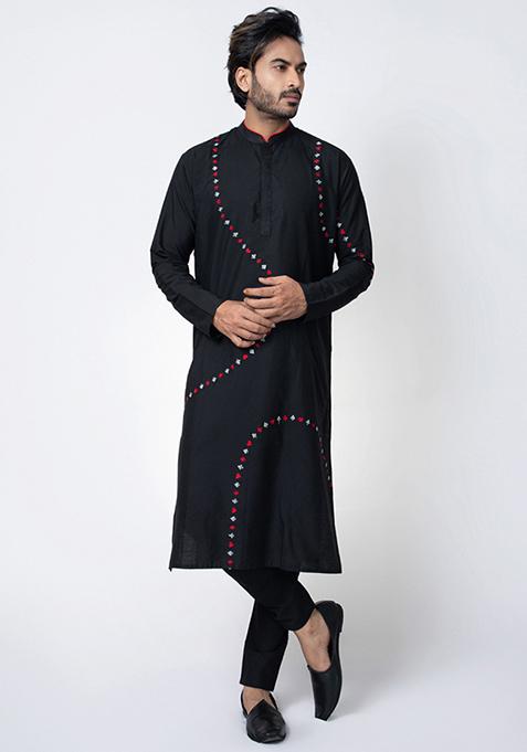 Black Embroidered Cotton Silk Kurta Set For Men