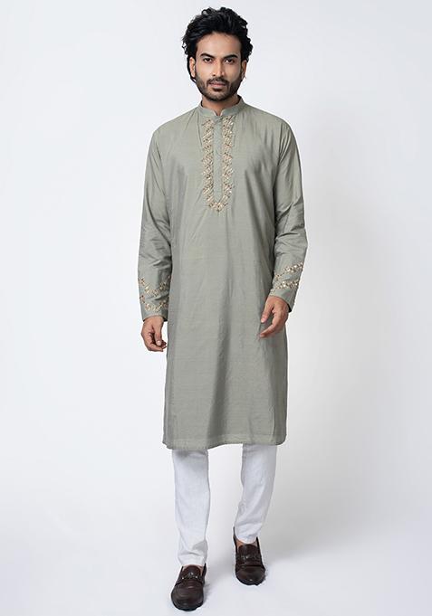 Grey Zardozi Embroidered Cotton Silk Kurta Set For Men