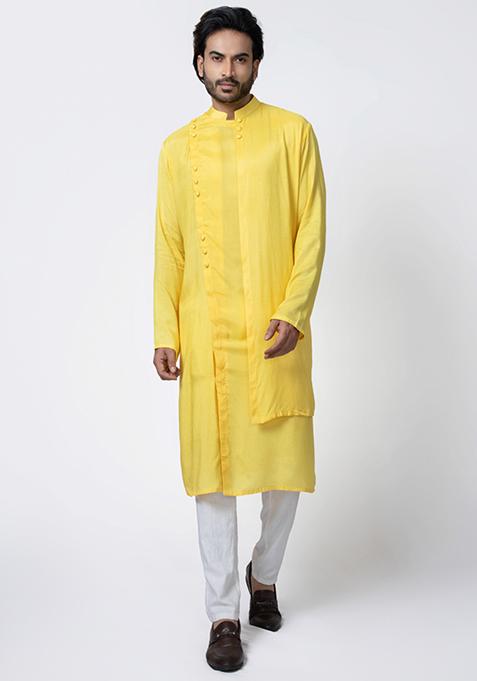 Yellow Embroidered Muslin Kurta Set For Men