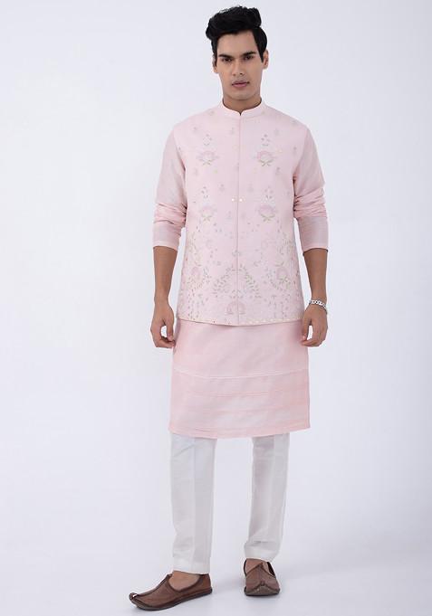 Baby Pink And Ivory Bam Silk Kurta Set For Men