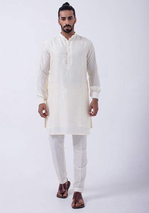 Ivory Cotton Silk And Bam Silk Kurta Set For Men