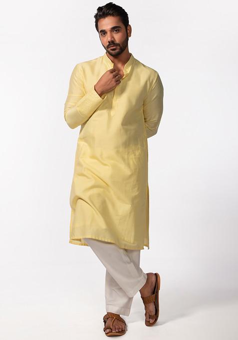 Yellow And Ivory Cotton Silk Kurta Set For Men